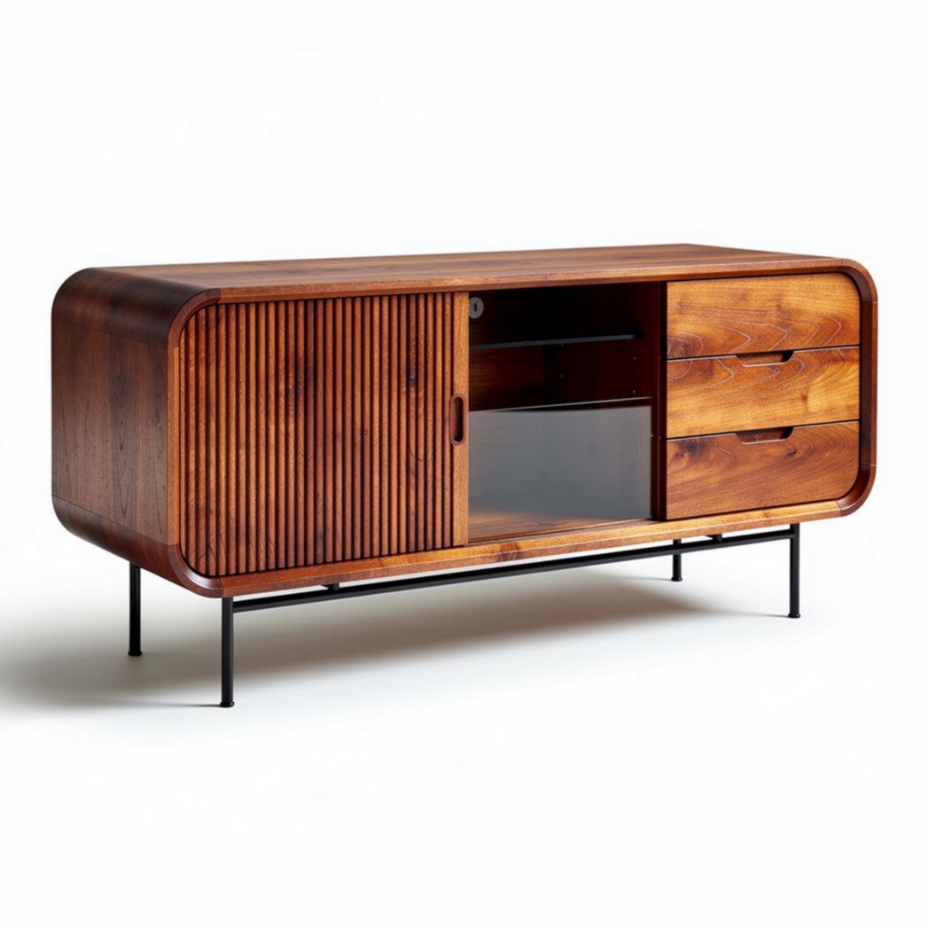Wooden sideboard cabinet with glass door and three drawers 120 x 40 x 70cm