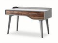 Light gray desk with two drawers and walnut accents dimensions 120 x 60 x 75cm