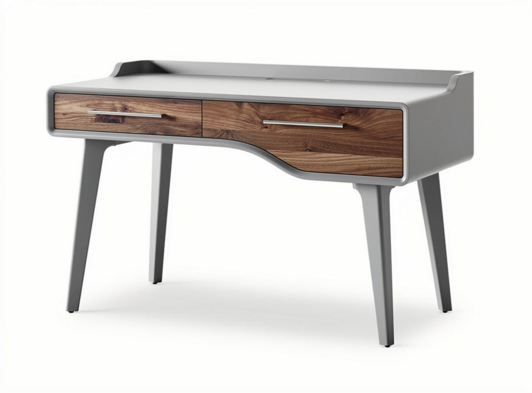 Light gray desk with two drawers and walnut accents dimensions 120 x 60 x 75cm