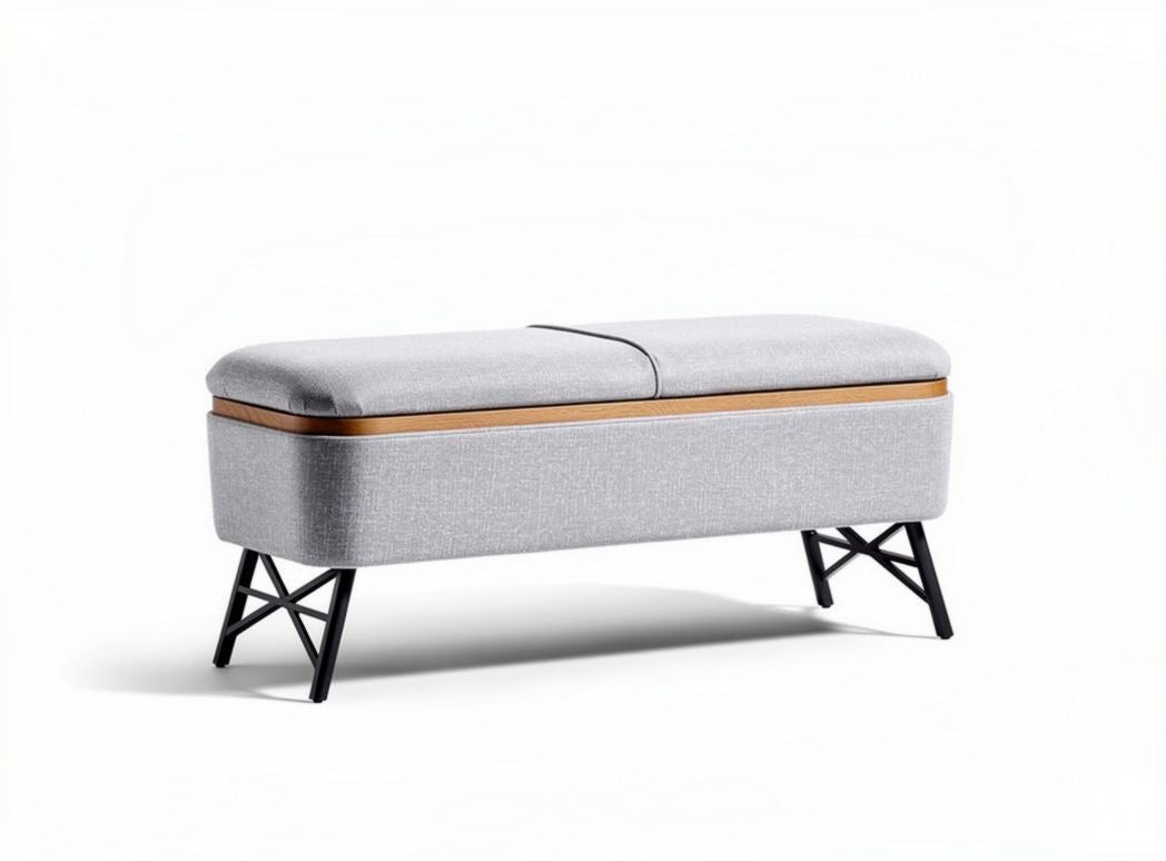 Fabric storage bench with wood trim and metal legs in light gray 90 x 35 x 45cm
