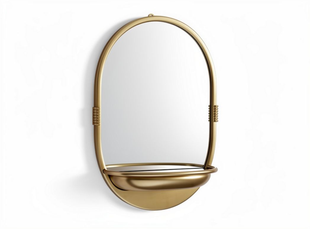 Gold oval mirror with integrated shelf for bathroom or hallway use 60 x 40 x 5cm