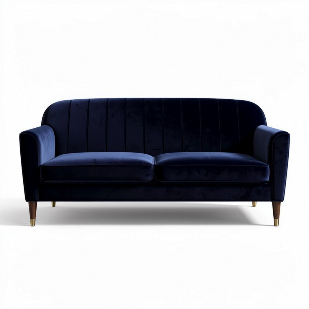 Navy blue velvet modern two-seater sofa with tapered wooden legs 180 x 85 x 75cm