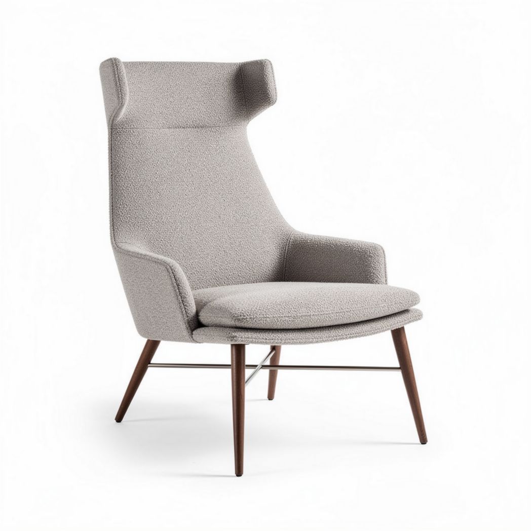 Lounge chair with high backrest and wooden legs in light gray fabric