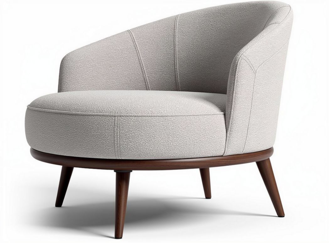 Boucle lounge chair with rounded shape and removable cushion in beige color